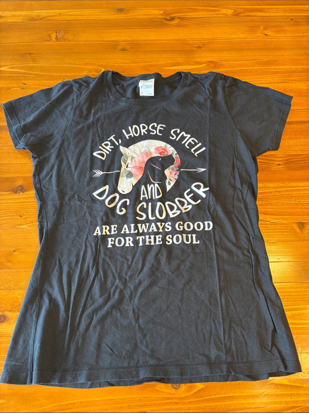 Black cotton women’s Graphic Tee - 'Dirt, Horse Smell and Dog Slobber'
